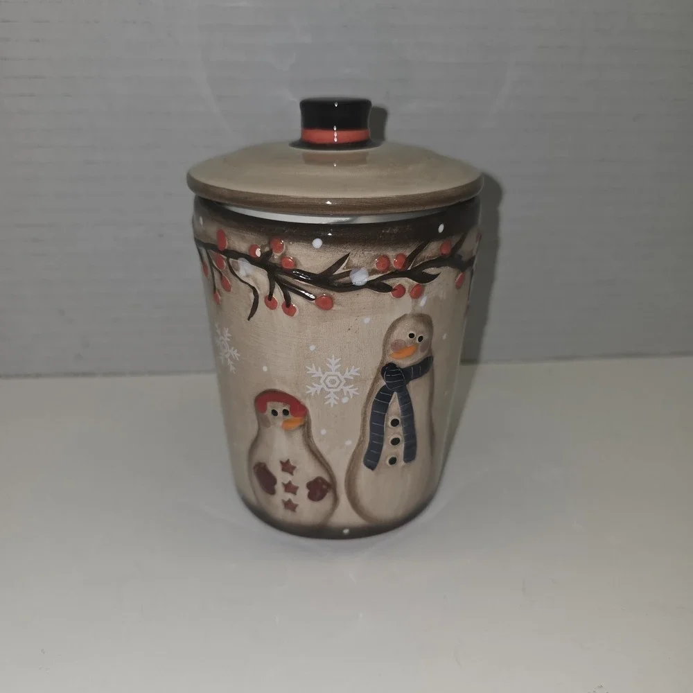LTD Commodities Snowmen with Holly Lidded Canister Small Brown Seasonal Cute